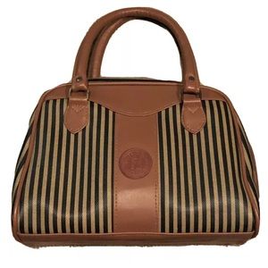 Vtg Fendi Roma Italy 1925 Brown Pequin Striped Boston Bag Coated Canvas/Leather